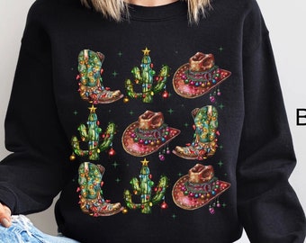 Western Christmas Sweatshirt Cactus Christmas Tree Shirt Howdy Christmas Shirt Cowboy Xmas Top Oversized Holiday Sweatshirt Southern Xmas