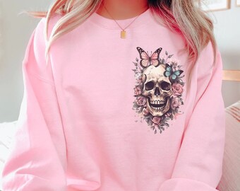 Floral Skull Sweatshirt Flower Butterfly Skull Shirt Boho Fall Goblincore Shirt Nature Botanical Shirt Halloween Skeleton Shirt Cottagecore