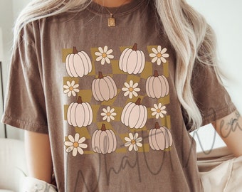 Comfort Colors Retro Fall Shirt Checkered Boho Floral Pumpkins T-Shirt Halloween TShirt Thanksgiving T Shirt Oversized Trendy Fall Tee