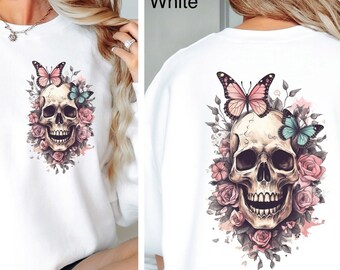 Floral Skull Sweatshirt Flower Butterfly Skull Shirt Boho Fall Goblincore Shirt Nature Botanical Shirt Halloween Skeleton Shirt Cottagecore