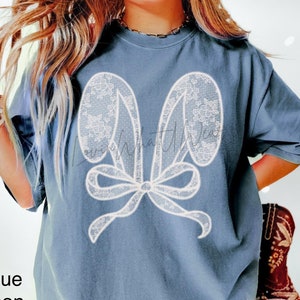 Comfort Colors Womens Easter Shirt Faux Lace Bunny Ears T-Shirt Faux Lace Embroidered Rabbit Ears TShirt Cute Bunny Tee Trendy Spring Top