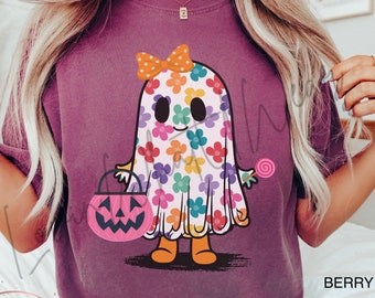 Comfort Colors Cute Ghost Halloween Shirt Coquette Ghost Tee Girl Ghost T-Shirt Floral Ghost T Shirt Fall Top Trendy Halloween Oversized Tee