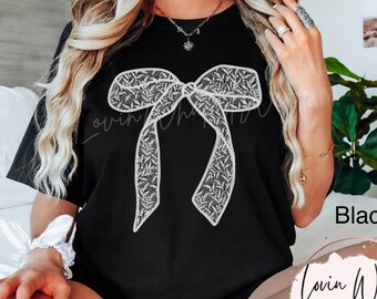 Comfort Colors Faux Embroidered Lace Bow Shirt Coquette Lace Bow T-Shirt Trendy Bow TShirt Oversized Cute Bow Tee Aesthetic Top Gift For Her