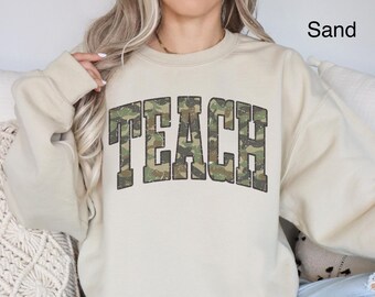 Camo Teacher Sweatshirt Varsity Camouflage Teacher Shirt Teacher Appreciation Gift For Teacher Back To School Top Trendy Teach Sweater