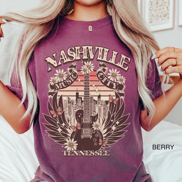 Nashville Tennessee Music City Retro Comfort Colors Shirt, Country Music TShirt, Guitar Wings Tee, Garment Dyed, Vintage Oversized T Shirt