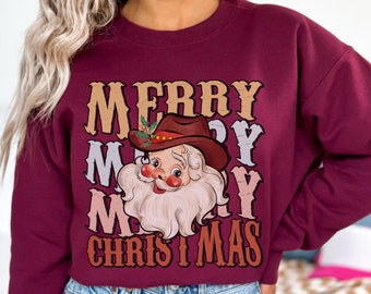 Womens Christmas Sweatshirt Cowboy Santa Shirt Western Christmas Shirt Vintage Country Santa Shirt Merry Christmas Shirt Retro Holiday Shirt