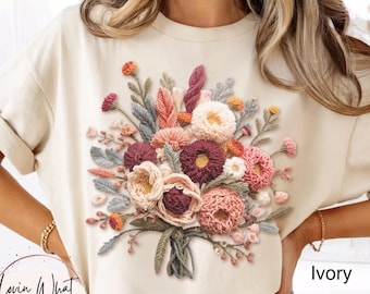 Comfort Colors Faux Yarn Boho Floral Shirt Faux Embroidered Flower Tee Wildflowers Shirt Cottagecore Botanical Shirt Spring Flowers Top