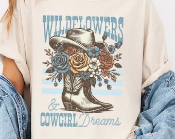 Comfort Colors Retro Western Shirt Floral Cowboy Boots T-Shirt Wildflowers TShirt Cowgirl Dreams T Shirt Country Top Oversized Western Tee