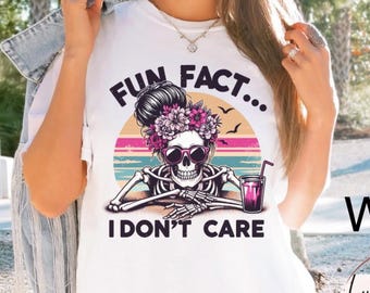 Comfort Colors Sarcastic Skeleton Shirt Snarky Funny Skeleton T-Shirt Fun Fact I Dont Care Shirt Trendy Summer Tee Retro Beach Tee Rebel Top