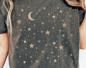 Comfort Colors Moon and Stars Celestial T Shirt, Boho Moon And Stars Shirt, Gold Stars Shirt, Mystical Moon and Stars Shirt, Astronomy Shirt