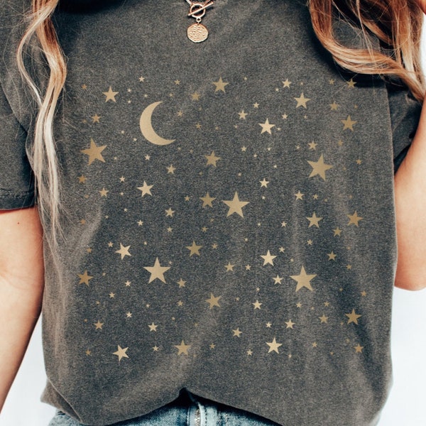 Comfort Colors Moon and Stars Celestial T Shirt, Boho Moon And Stars Shirt, Gold Stars Shirt, Mystical Moon and Stars Shirt, Astronomy Shirt