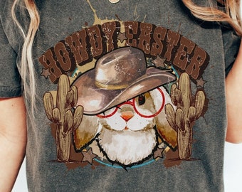 Howdy Easter Western Comfort Colors Shirt, Retro Cowboy Bunny Graphic Tee, Vintage Easter Bunny Cowboy TShirt, Cute Rabbit Easter T Shirt,