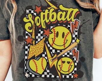 Retro Softball Comfort Colors Shirt, Smile Face Softball Graphic Tee, Softball Mom Shirt, Game Day TShirt, Softball Lover Oversized T-Shirt