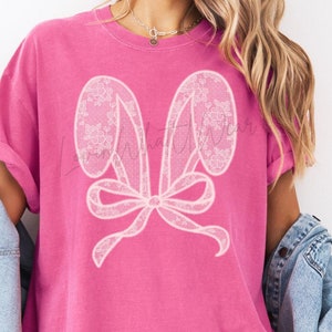 Comfort Colors Womens Easter Shirt Faux Lace Bunny Ears T-Shirt Faux Lace Embroidered Rabbit Ears TShirt Cute Bunny Tee Trendy Spring Top