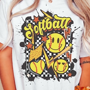 Retro Softball Comfort Colors Shirt, Smile Face Softball Graphic Tee, Softball Mom Shirt, Game Day TShirt, Softball Lover Oversized T-Shirt