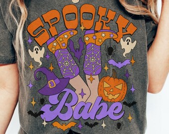 Western Cowgirl Legs Halloween Womens Comfort Colors Shirt Spooky Babe T-Shirt Halloween Cowboy Boots T Shirt Trendy Retro Oversized Tee