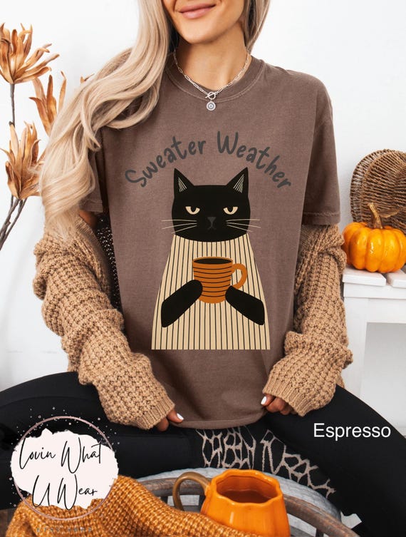 Comfort Colors Sweater Weather Cat Shirt Funny Cat T-Shirt Cat Lover Gift Cat Lover TShirt Cute Fall Tee Cozy Winter Shirt Autumn Cat Top