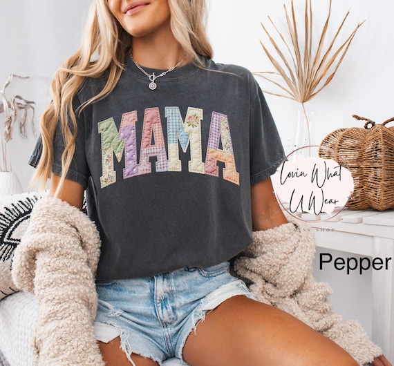 Comfort Colors Faux Quilted Patchwork Mama Shirt Vintage Floral Mama Tee Pastel Gingham Mom Shirt Mothers Day Gift For Mom Spring Mama Tee