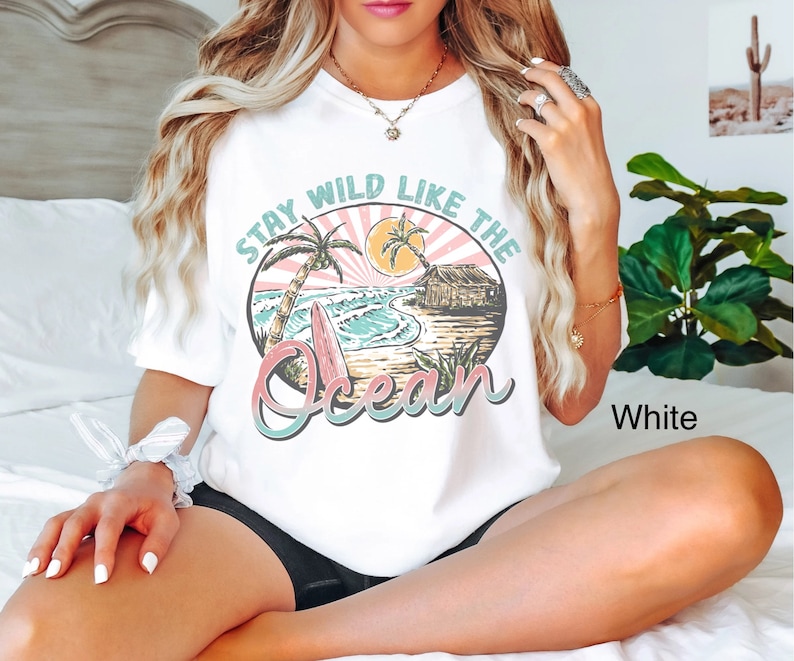 Comfort Colors Boho Beach Shirt Stay Wild Like The Ocean T-Shirt Retro Summer TShirt Vacation Shirt Surf Shirt Tropical Beach Oversized Tee image 2