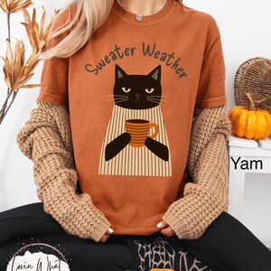 May include: Rust-colored t-shirt with the text "Sweater Weather" above a black cat illustration holding a mug. The cat is wearing a striped sweater. The shirt is part of a fall-themed collection.