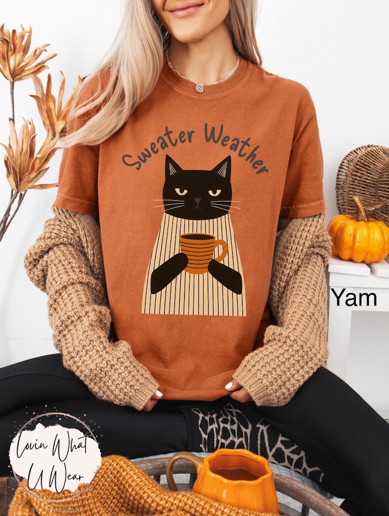 May include: Rust-colored t-shirt with the text "Sweater Weather" above a black cat illustration holding a mug. The cat is wearing a striped sweater. The shirt is part of a fall-themed collection.