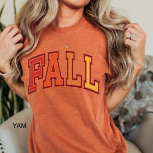 May include: A burnt orange t-shirt with the word "FALL" printed in a gradient of red, orange, and yellow. The letters are in a bold, blocky font.