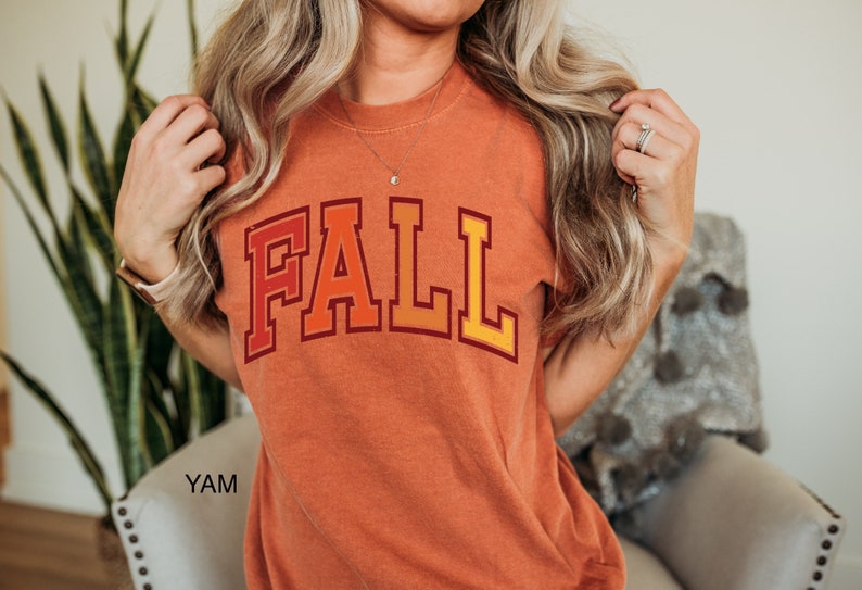May include: A burnt orange t-shirt with the word "FALL" printed in a gradient of red, orange, and yellow. The letters are in a bold, blocky font.