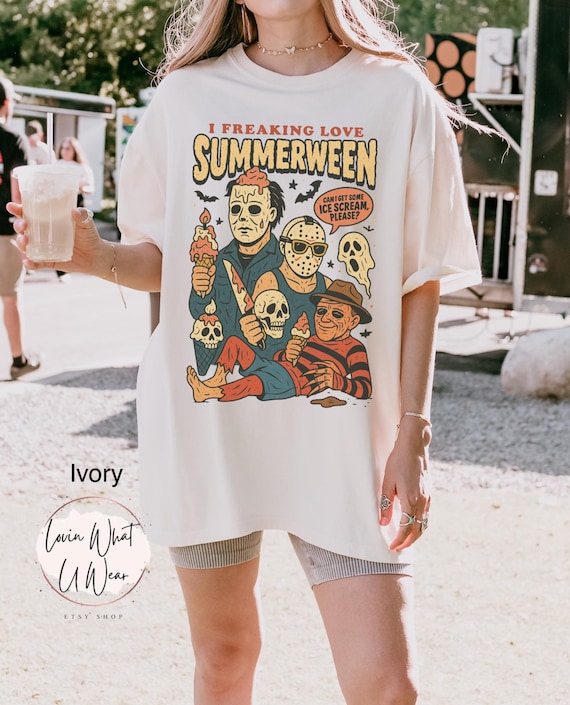 Comfort Colors Summer Halloween Shirt Funny Halloween T-Shirt Horror Movie Characters Shirt Cute Summer Tee Halloween Lover Gift Beach Tee
