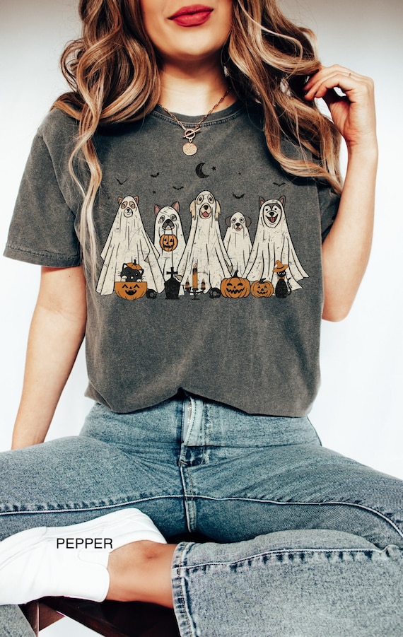 Comfort Colors Dog Halloween Shirt Ghost Dog T-Shirt Dog Lover Halloween T Shirt Fall Dog TShirt Gift For Dog Lover Oversized Retro Dog Tee