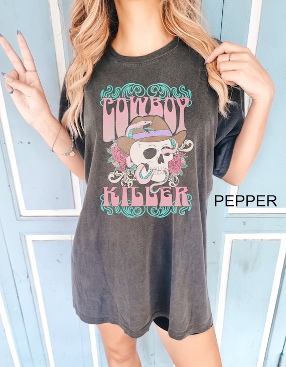 Cowboy Killer Comfort Colors Shirt Western Graphic Tee Boho Skeleton Head T Shirt Cowboy TShirt Country Trendy Tee Oversized Vintage T-Shirt