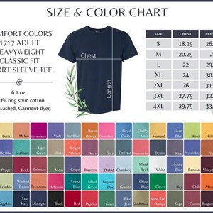 Puede incluir: Tabla de tallas y colores para una camiseta de manga corta Comfort Colors 1717. La tabla incluye medidas de pecho y largo en pulgadas, junto con una amplia gama de opciones de color.