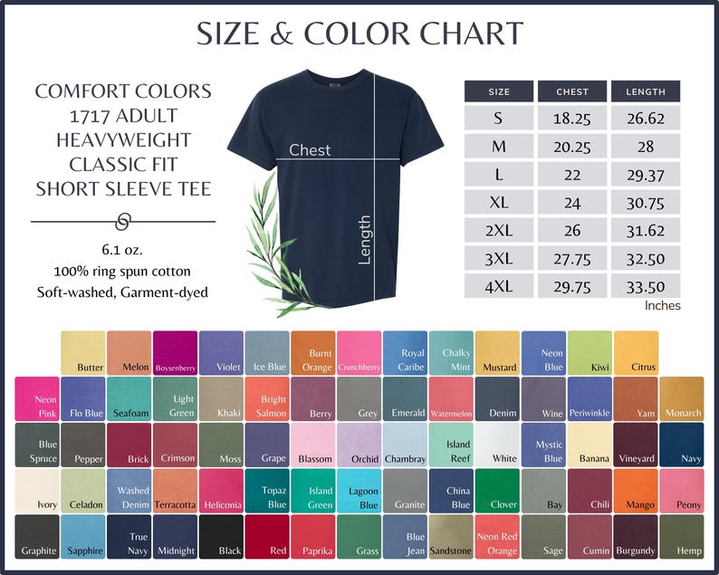 Puede incluir: Tabla de tallas y colores para una camiseta de manga corta Comfort Colors 1717. La tabla incluye medidas de pecho y largo en pulgadas, junto con una amplia gama de opciones de color.
