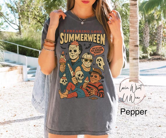 Comfort Colors Summer Halloween Shirt Funny Halloween T-Shirt Horror Movie Characters Shirt Cute Summer Tee Halloween Lover Gift Beach Tee