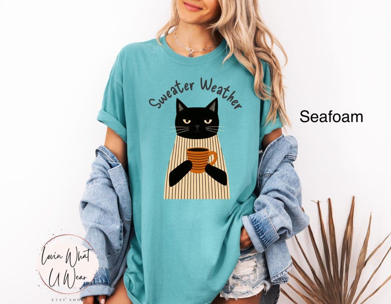 May include: Seafoam green t-shirt with a black cat graphic holding a coffee mug. The cat is wearing a striped sweater. The words "Sweater Weather" are arched above the cat. The shirt is a relaxed fit.