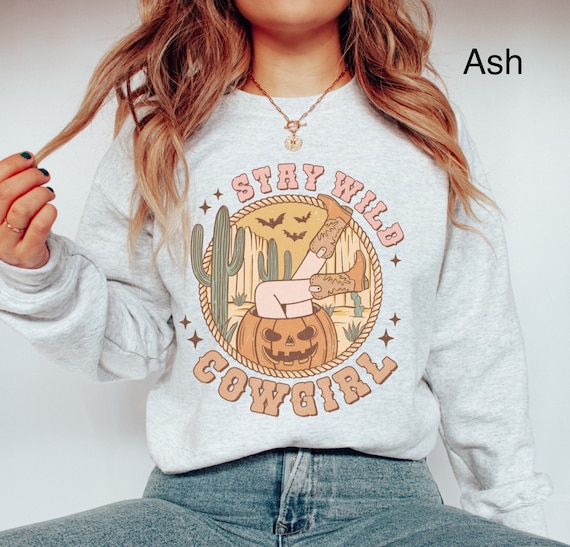 Retro Western Halloween Sweatshirt Stay Wild Cowgirl Halloween Shirt Western Fall Shirt Cowgirl Boots Shirt Vintage Pumpkin Shirt Oversized