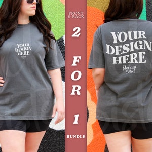 May include: A gray t-shirt mockup with the text "YOUR DESIGN HERE" on the front and back. The text is in white and the shirt is a relaxed fit.
