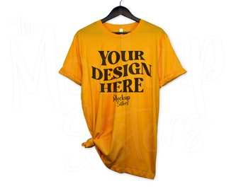 Bella Canvas 3001 GOLD T-Shirt Mockup Front and Back Tied TShirt Mockup Bundle Words on Back of Shirt Flatlay Front Back 3001 Hanging Mockup