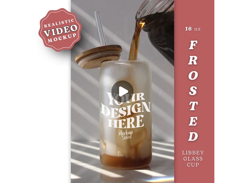 May include: A frosted glass cup with a straw and a lid, being filled with a dark liquid. The cup has the text "Your Design Here" printed on it. The cup is 16 oz and is made by Libbey.