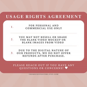 May include: A white text box with a red border outlines the usage rights agreement for a digital product. The text states that the product is for personal and commercial use only, that it cannot be resold or shared, and that refunds are not offered due to the digital nature of the product. The text also includes the website address for themockupsisters.etsy.com.