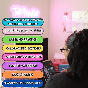 May include: A person wearing glasses looking at a book titled "SONO Study Buddy". The image features a neon sign and colorful text boxes listing features: 200 pages of vascular anatomy, fill-in activities, labeling practice, color-coded sections, ultrasound scanning tips, built-in motivation, case studies, and a glossary.