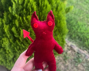 Hand Stitched Red Devil Cat Doll | Halloween Plushie (5.5" Tall)