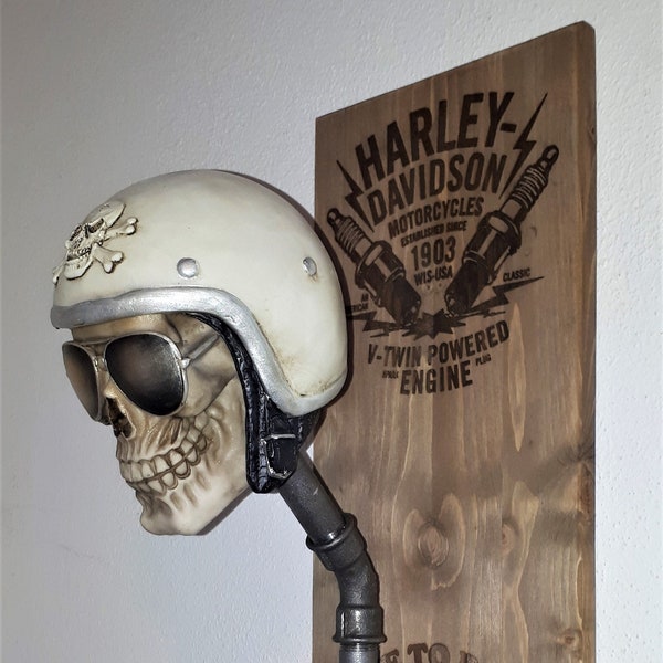 Helmhalter, Biker-Garderobe, Motiv Harley Davidson, Live to Ride..., mit Totenkopf, Laser-Beschriftung, Motorrad-Garderobe, Helmgarderobe