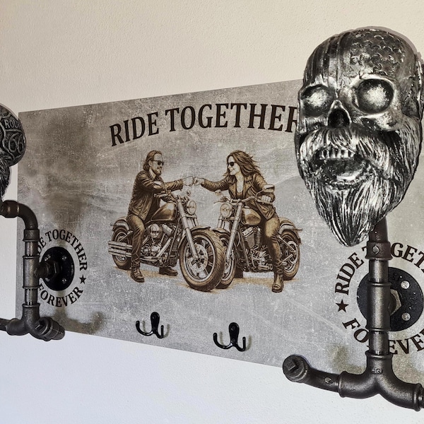 Armadio da motociclista, Ride Together, coppia di motociclisti chopper, pugno amichevole, grigio cemento o rovere Sonoma, armadio a muro, porta casco, armadio da moto