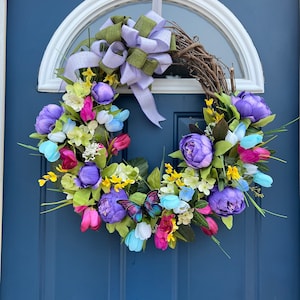 Spring Tulip Wreath: Purple Roses, Lambs Ear & Eucalyptus