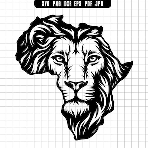 May include: A black and white illustration of a lion's head, in the shape of the African continent. The lion has a detailed mane and facial features. The image includes the text "SVG PNG DXF EPS PDF JPG" at the top.