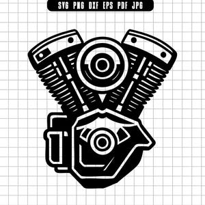 Może przedstawiać: Czarno-biała grafika silnika motocyklowego. Silnik ma dwa cylindry, żebra chłodzące i centralny okrągły element. Obraz zawiera tekst "SVG PNG DXF EPS PDF JPG" u góry.