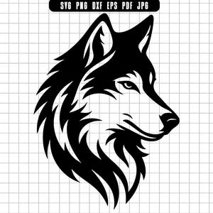 Puede incluir: Gráfico en blanco y negro de la cabeza de un lobo de perfil. La imagen es un diseño vectorial, con líneas limpias y una representación detallada del pelaje y las características del animal. El fondo es una cuadrícula.