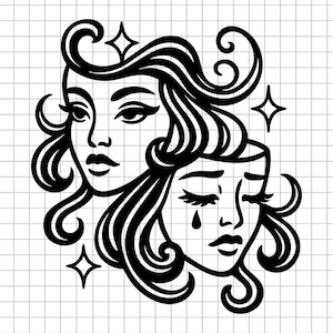 Drama Mask Svg, Sad and Happy Face Svg, Theater Svg, Tragedy Mask Svg, Woman Expression Svg, Clipart, Cut File, Digital Download
