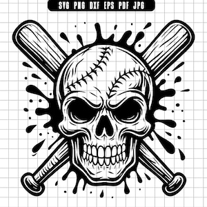 Puede incluir: Gráfico en blanco y negro de una calavera con un diseño de béisbol, cruzada por dos bates de béisbol. El diseño incluye salpicaduras de tinta, ideal para artículos deportivos.
