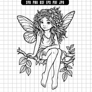 Fairy Girl Svg, Floral Fairy Svg, Sitting Fairy Svg, Flower Crown Fairy Svg, Fairy Clipart Svg, Forest Fairy Svg